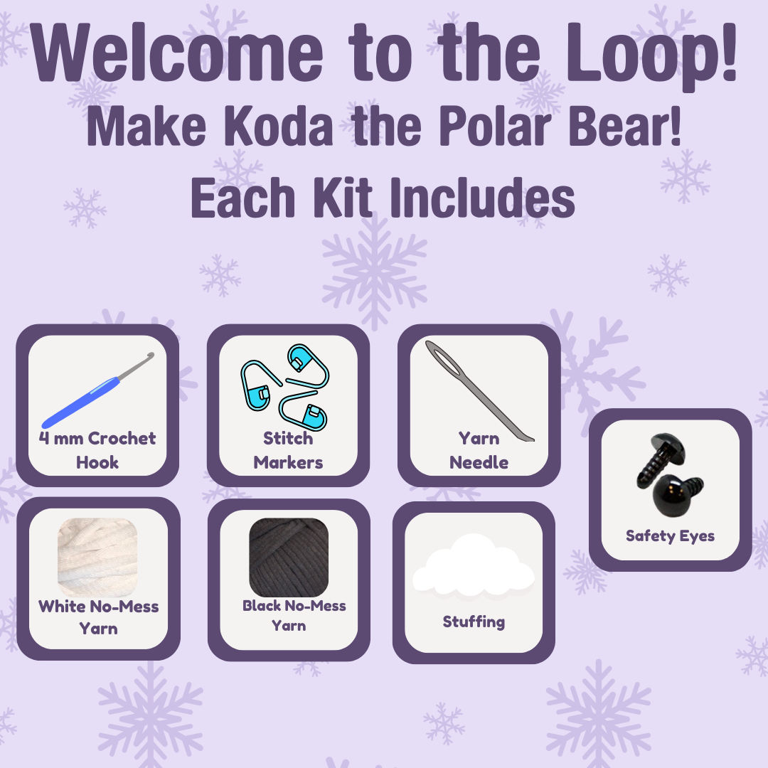 Product kit for making Koda the Polar Bear with listed contents on a purple background with snowflake patterns.