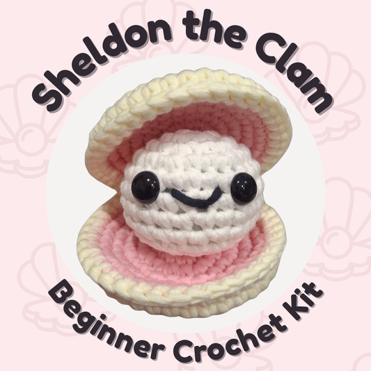 Sheldon the Clam beginner crochet kit with pink and cream yarn