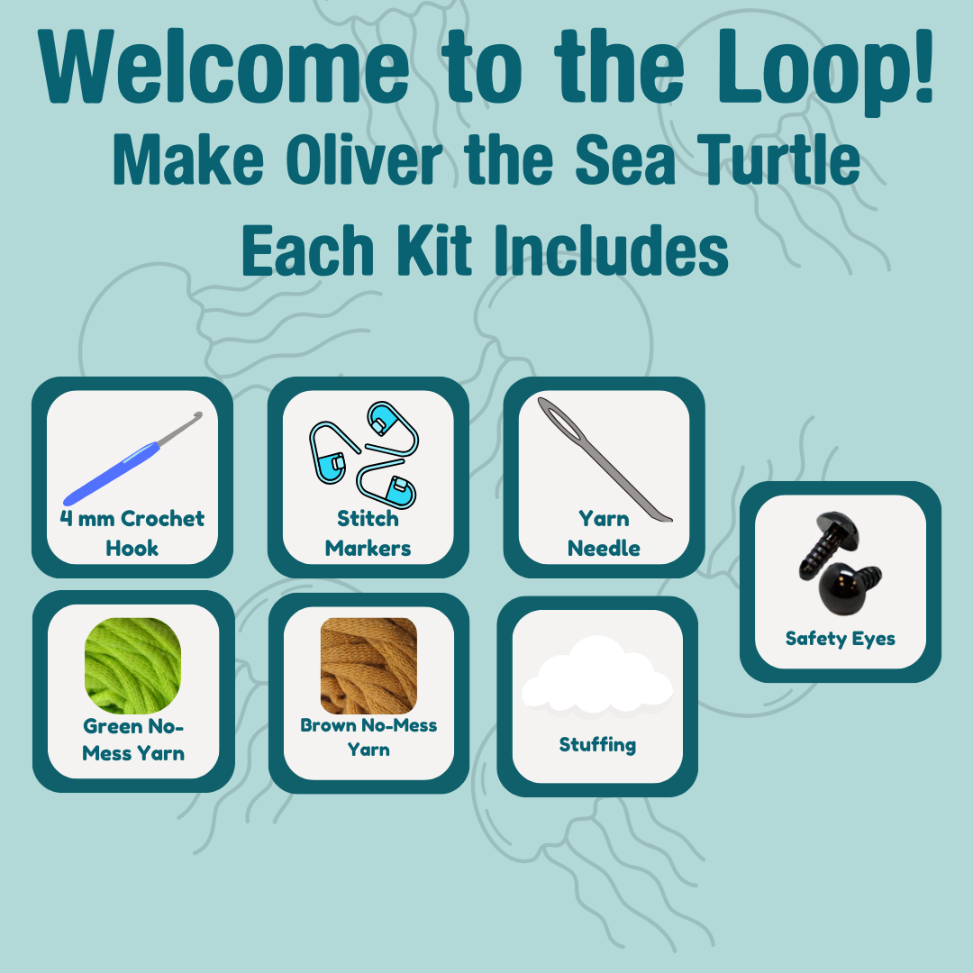 Product kit for making a sea turtle with tools and materials on a teal background