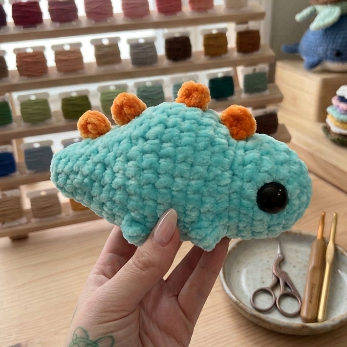 Hand holding a small crochet stegosaurus toy with plastic eyes on a wooden surface.