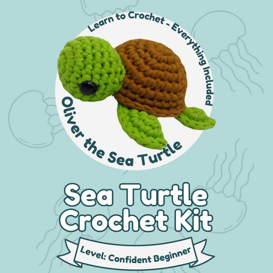 Crochet kit for making a sea turtle with text on a light blue background